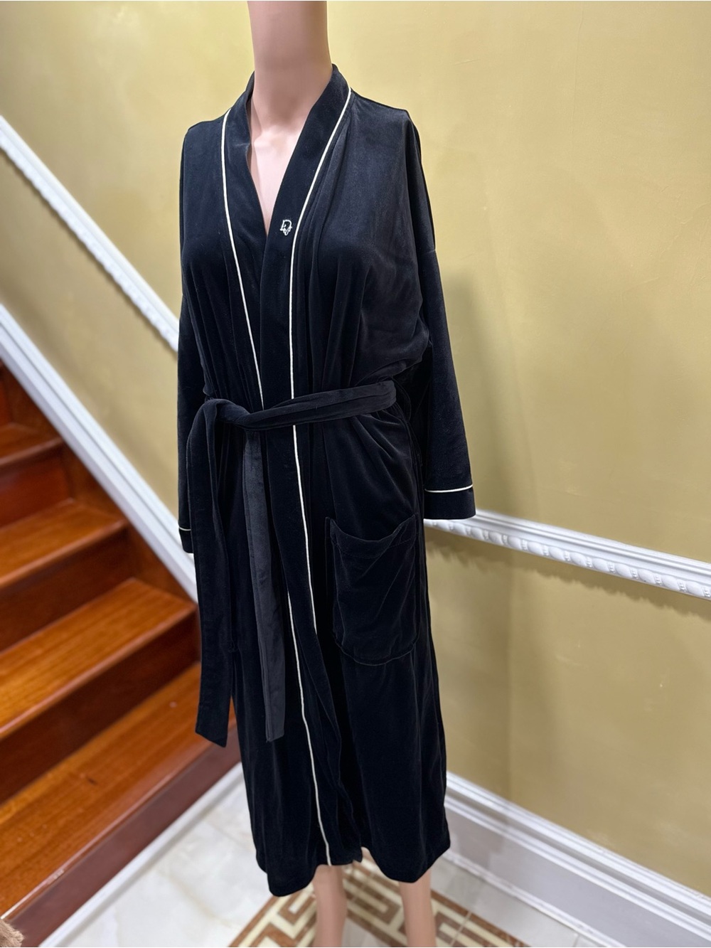 Dior Black Velvet Robe with White Piping
